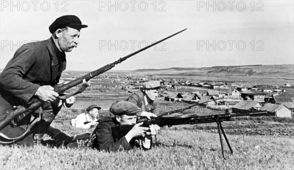 Tactical drills of an ossoaviakhim detachment, ossoaviakhim is the civilian organization for chemical and air defense, in pre-war time it numbered several millions.