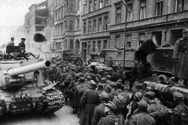 A column of german pow's on their way to a gathering depot in berlin, germany at the end of world war 2, 1945.