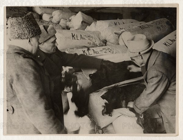 Monstrous crimes have committed by the german government as revealed by the communique of the extraordinary state committee for ascertaining german crimes in oswiecim,  photo shows: 7,000 kilograms of hair clipped by the germans from 140,000 women they murdered, prepared for shipment to germany, may, 1945.