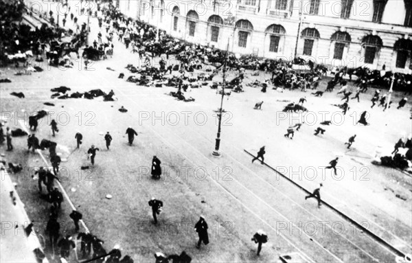 The troops of the provisional government shooting at a peaceful demostration of workers, soldiers and sailors, held under the slogan 'all power to the soviets' in petrograd on july 4, 1917.