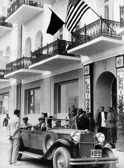 William c, bullitt (in the back seat), the first united states ambassador to the soviet union, in front of the hotel leningrad in moscow, 1934.