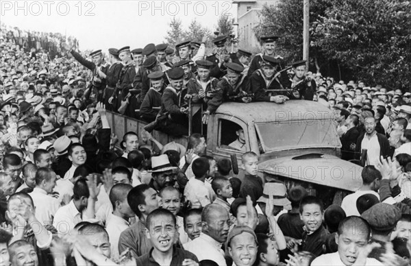 Operation august storm (battle of manchuria), sailors of the red banner amur flotilla driving through the chinese section of harbin, manchuria, august 1945.