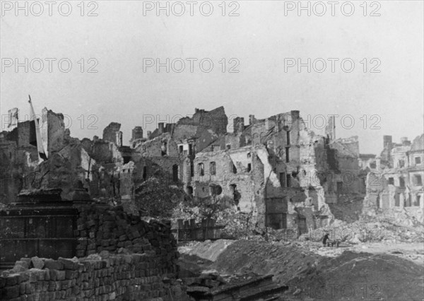 Warsaw, poland in ruins at the end of world war ll in 1945.