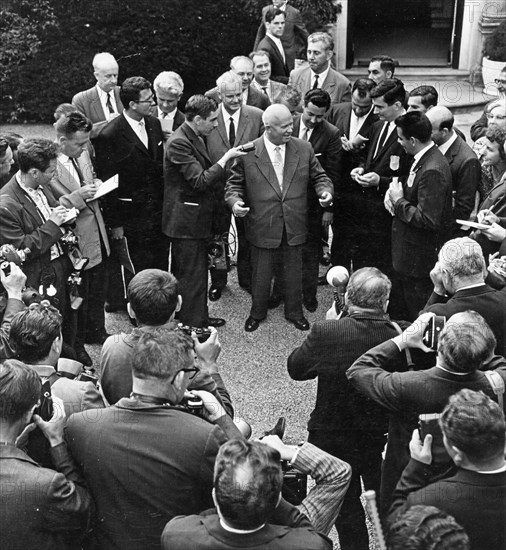 Nikita khrushchev speaking with the press at the soviet mission in glen cove, new york, october 1960.