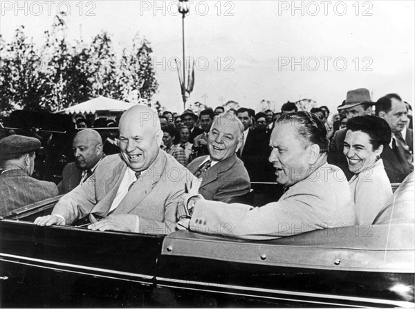 While in moscow, josip broz tito and his wife visited the agricultural exhibit in june 1956, riding on the grounds of the agricultural exhibit, from left to right: v, v, matskevich (near the driver), n, khrushchev, k, voroshilov, tito and his wife.