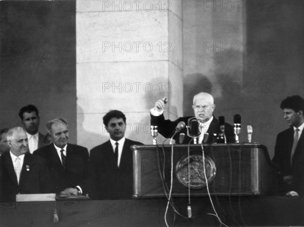Nikita s, khrushchev first secretary of the central committe of the cpsu (communist party of soviet union) speaking at a rally in sofia, bulgaria in may 1962.