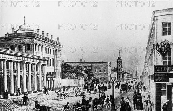 An old gravure of nevsky prospect in st, petersburg, russia, 1880s.