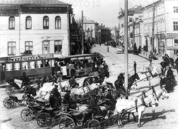 Hansom cab stand, moscow, 1896.