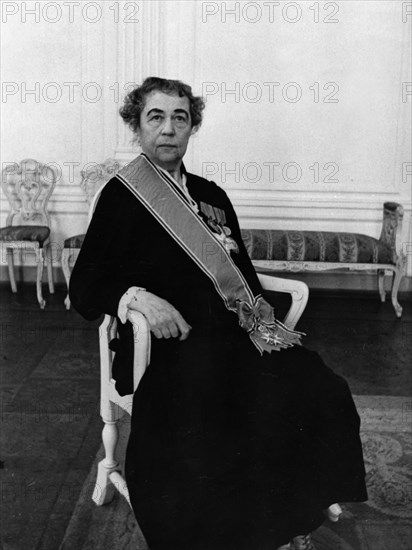 The first soviet ambassador to norway, alexandra kollontai, at the norwegian embassy after being awarded the order of saint olaf, june 10, 1946.