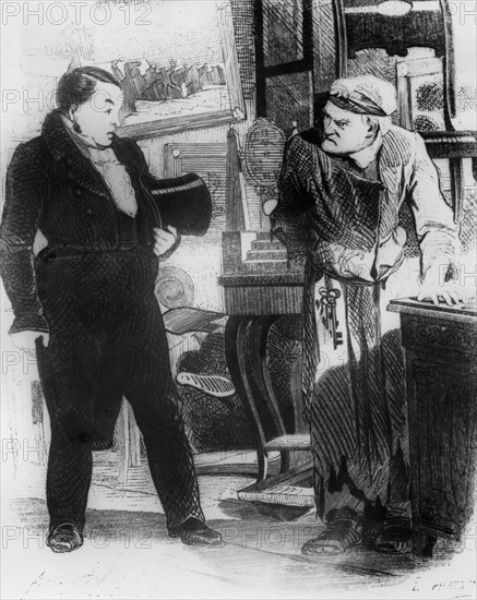 Illustration of gogol's 'dead souls,' chichikov (left) visits puyushkin (plushkin), woodcut by agin, 1846.