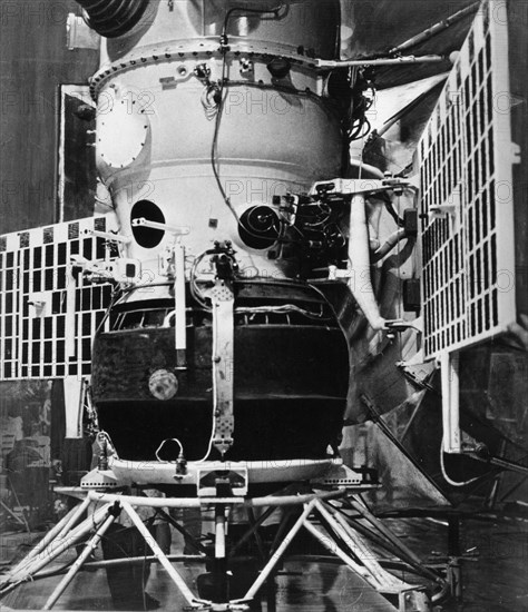 Soviet space probe, venera 4 (venus 4), with landing package attached, the probe soft landed on venus on october 18th, 1967.
