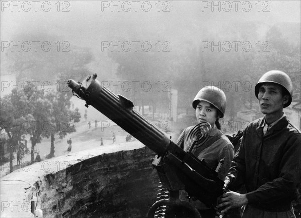 Hanoi home-guards stand guard against u,s, air attack, north vietnam, 1971.