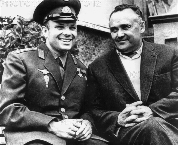 The first soviet cosmonaut yuri gagarin with sergei korolyov,  soviet scientist and designer in the sphere of rocket building and cosmonautics, ballistic and geophysical rockets, the first satellites, the vostok and voskhod spacecraft were all created under korolyov's direction.