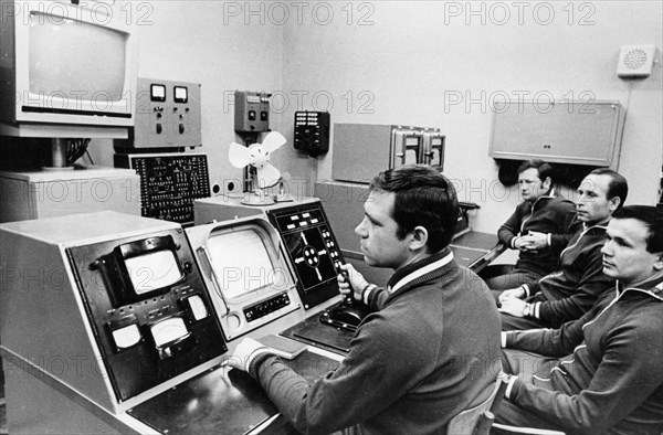 Luna 21 mission, the crew of the soviet remote-controlled lunar rover, lunokhod 2 working the controls at the distant space communications center,  january 1973.