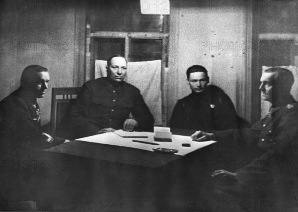 Interrogation of field marshal von paulus, commander of german forces at stalingrad, interrogators: general konstantin rokossovsky (left), general nikolai voronov (center), von paulus, right, 1943, ussr, world war 2 .