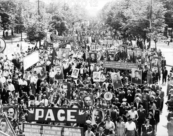 1952 may day celebration parade in bucharest.