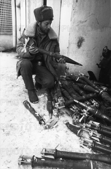 Nagorno karabakh region, azerbaijan, 1992, war trophies (rockets) taken by azerbaijan soldiers.