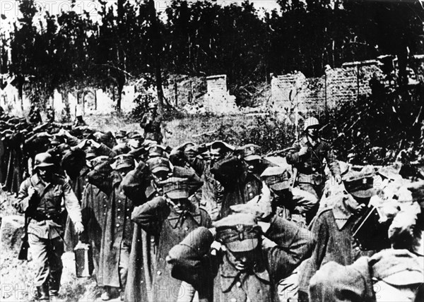 Westplatte peninsula of gdansk harbor, nazi invasion of poland, september 1939, polish pows with german guards after their surrender.