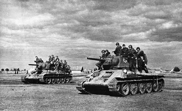 Battle of stalingrad, a soviet tank unit advancing on stalingrad.