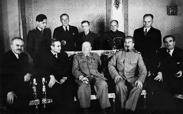 3rd moscow conference, seated, left to right: v,m, molotov, w, harriman, winston churchill, j,v, stalin, anthony eden, standing: v,m, berezhkov, sir archibald kerr, v,n, pavlov, a, birse, f, gusev, october 18, 1943.