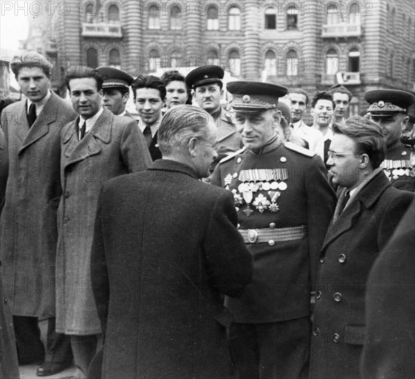 Third anniversary of the liberation of hungary, zoltan tildy, president of the hungarian republic, welcoming the delegation of the soviet army headed by colonel-general kurassov, budapest, hungary, april 1948.