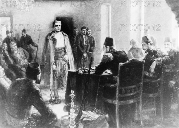 A painting by kalina tasseva depicting bulgarian revolutionary, vasil levski, in front of a tribunal of the ottoman empire, he was one of the central figures that helped pave the way for the april uprising and the russo-turkish war, he was captured and hanged by the ottomans on february 19, 1873.
