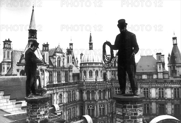 Chimney-sweepers on the roof of schwerin palace, 1983.