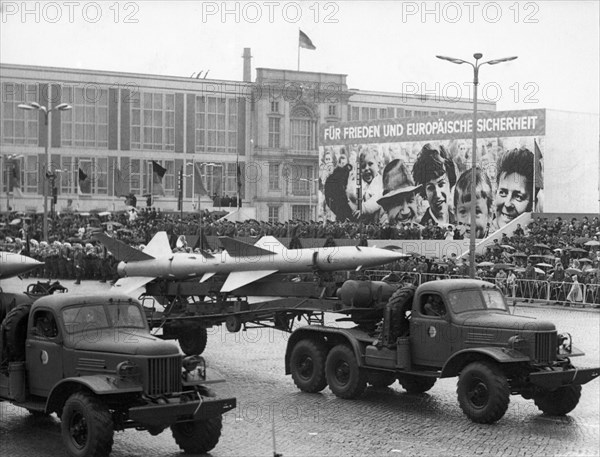 May day, 1969, the protection of the socialist society against all imperialist attacks is the main task of the national people's army of the german democratic republic, the traditional military parade formed the beginning of the mighty may day demonstration of the berlin working people, and was at the same time a convincing proof of the defence-readiness of thenational people's army.