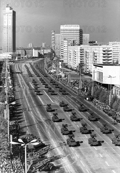 A parade of the national people's army of the gdr marking the 30th anniversary of the forming of the german democratic republic, berlin, october 10, 1979.