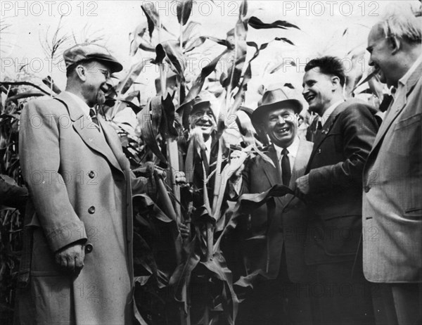 Nikita khrushchev and a soviet delegation visiting the people's own domain for seed production at schwaneberg-altenweddingen near magdeburg, gdr on august 11, 1957, left to right are: walter ulbricht; otto strube, director of the domain; khrushchev; alois pisnik, first secretary of the district leadership of magdeburg; and erich muckenburger, candidate of the politbureau of the central committee of the socialist unity party.