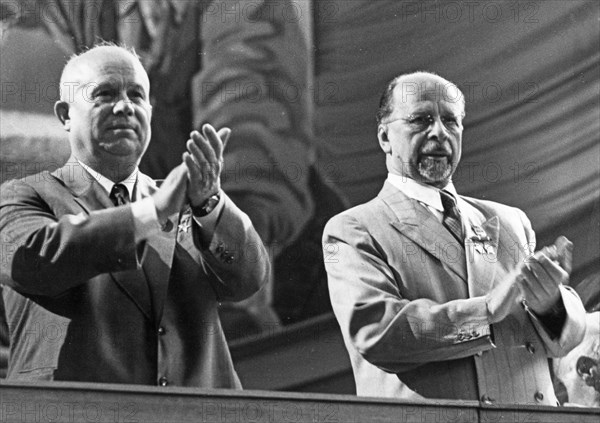 Nikita khrushchev and walter ulbricht during the 5th conference of the socialist unity party in berlin, east germany.