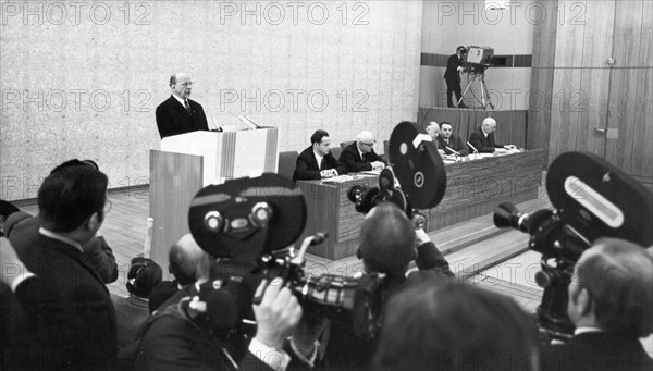 Walter ulbricht speaking at an international press conference in east berlin, january 19, 1970, he underlined the attitude of the gdr to the cause of safeguarding peace by concluding a treaty on the establishment of relations  between the gdr and frg (east and west germany).