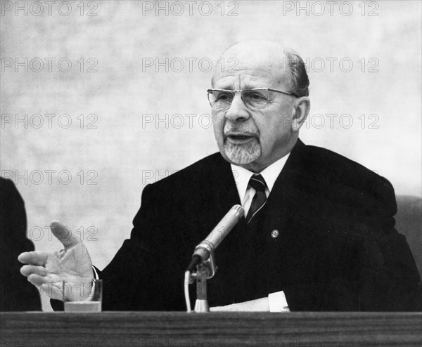 Walter ulbricht speaking at an international press conference in east berlin, january 19, 1970, he underlined the attitude of the gdr to the cause of safeguarding peace by concluding a treaty on the establishment of relations  between the gdr and frg (east and west germany).