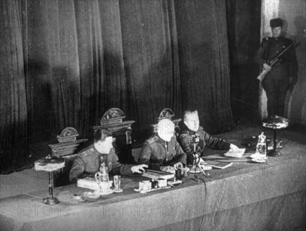 World war 2, december 15, 1943, still from a film on the kharkov trial produced by artkino, the military tribunal of the fourth ukrainian front in session at kharkov.