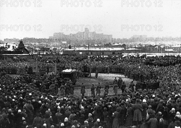 World war 2, december 19, 1943, still from a film on the kharkov trial produced by artkino, a long shot of the crowd at the execution.
