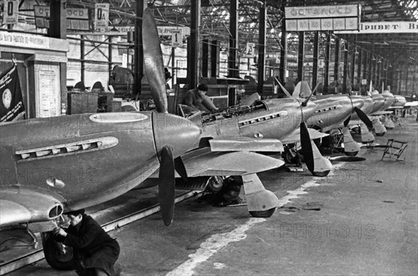 Yak-3 fighter planes being built at the 'x' aircraft works in august of 1944, world war ll.