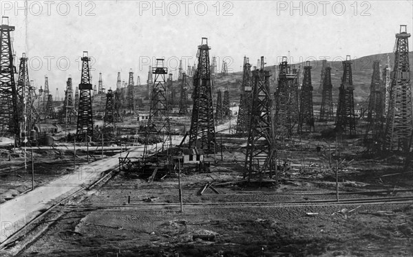 Panorama (3 of 3) of the l, kaganovich oil fields in baku, azerbaijan ssr, 1930s.
