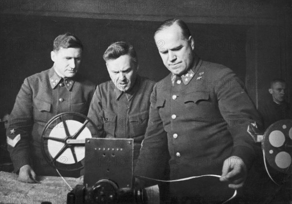 World war 2, vasily sokolovsky, nikolai bulganin, and georgy zhukov planning the defense of moscow in 1941.