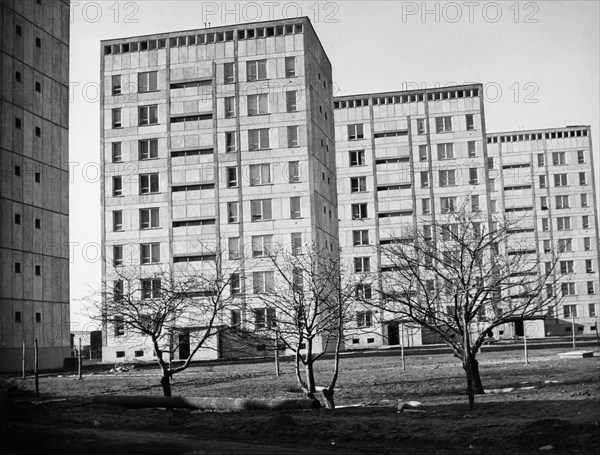 A housing project on krakow avenue in warasaw, poland constructed using an experimental method called 'dominoes' from precast units, 1962.