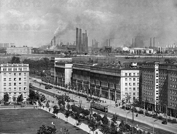 A view of nowa huta with the lenin steel works in the background, poland, late 1950s.