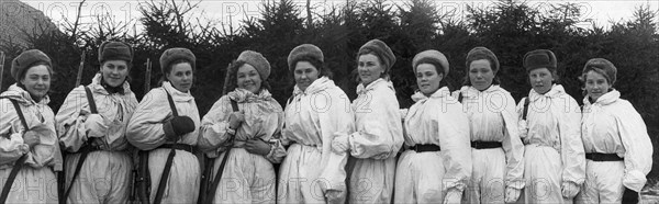 World war 2, decorated women snipers of the third byelorussian front, (l to r) junior sergeant m, rozhkova, senior sergeant r, shanina, jr, sergeants o, mokshina, e, novikova, a, kuznetsova, a, ekimova, sr, sergeant e, krasnoborovna, jr, sergeant a, pryalkova, sr, sergeant z, shmeleva, and jr, sergeant l, vdovina.