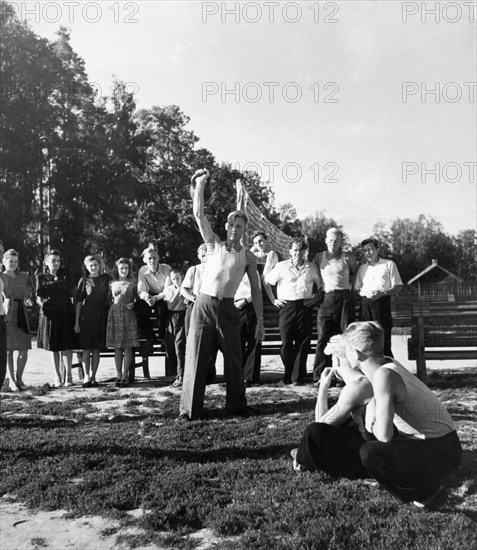 Soviet health resorts, workers on holiday on the sports grounds of the textile workers' rest home in the ivanovo region, september 1949.