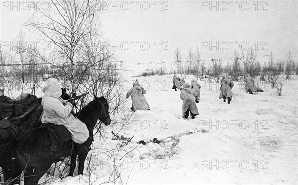 Dismounted soviet cavalry troops attacking german lines, march 1942, ww  2.