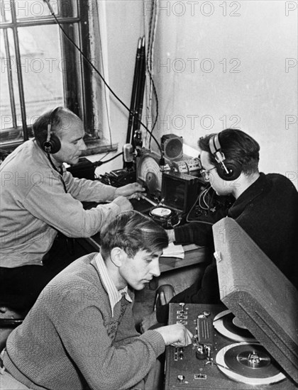 Laboratory assistants at the lvov state university receiving radio signals from sputnik 1, ussr, 1957.