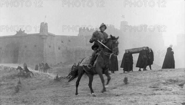 A scene from a film version of 'hamlet' directed by grigori kozintsev and starring innokenti smoktunovsky, the score was composed by dimitry shostakovich.