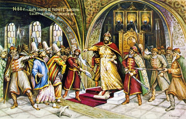 Postcard depicting ivan lli (ivan the great) refusing to pay tribute to the kazan khanate (tatars), 1480.