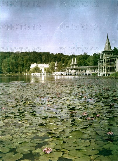 Lake balaton with the famous heviz baths in the background, hungary, 1950s.