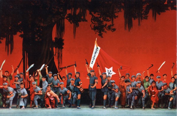 The modern revolutionary ballet 'red detachment of women', from a chinese postcard set published in 1970, 'one hung chang-ching has given his life, millions of revolutionaries arise, forward to victory under the banner of mao tsetung,'.