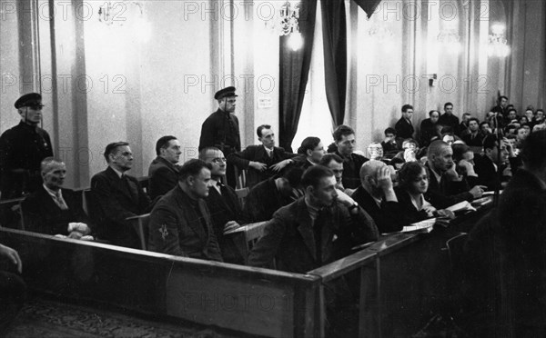 All of the accused, soviet and british, which included allan monkhouse, leslie thornton, gregory, william macdonald, cushing and nordwall,  the woman among them is anna kutuzova, metro-vickers show trials, april 12 - 19, 1933.