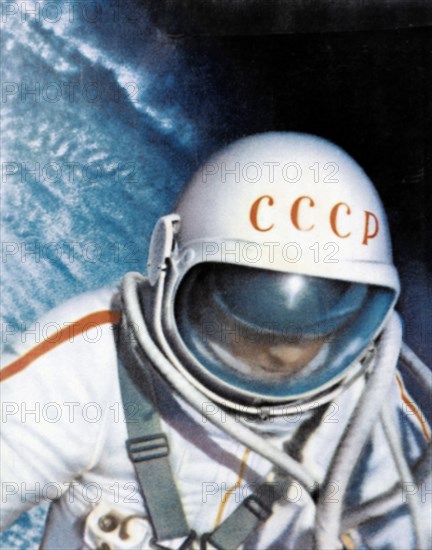 Voskhod 2 mission, soviet cosmonaut alexei leonov during world's first space walk (eva) in 1965.